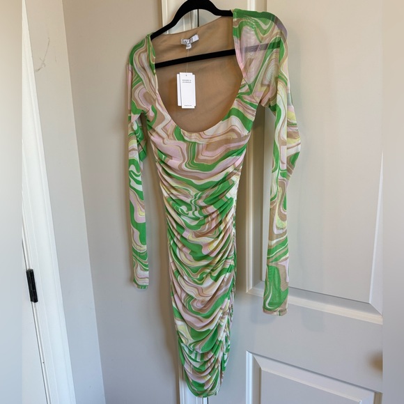 AFRM LOS ANGELES Gesine Long Sleeve Ruched Minidress in Green Swiss - Picture 4 of 11